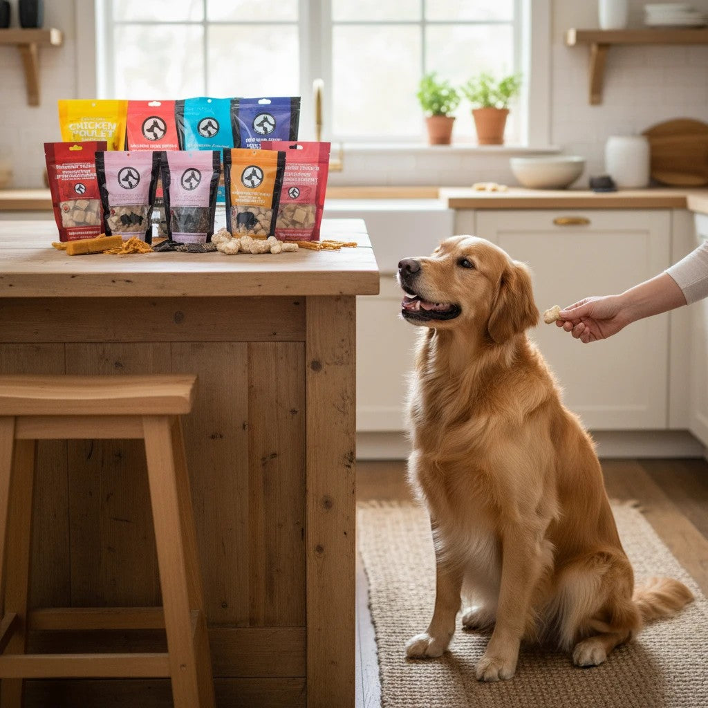 Oh Canada Gifts Mighty Big Box of assorted Canadian-made pet treats and chews with a Golden Retriever waiting for a snack