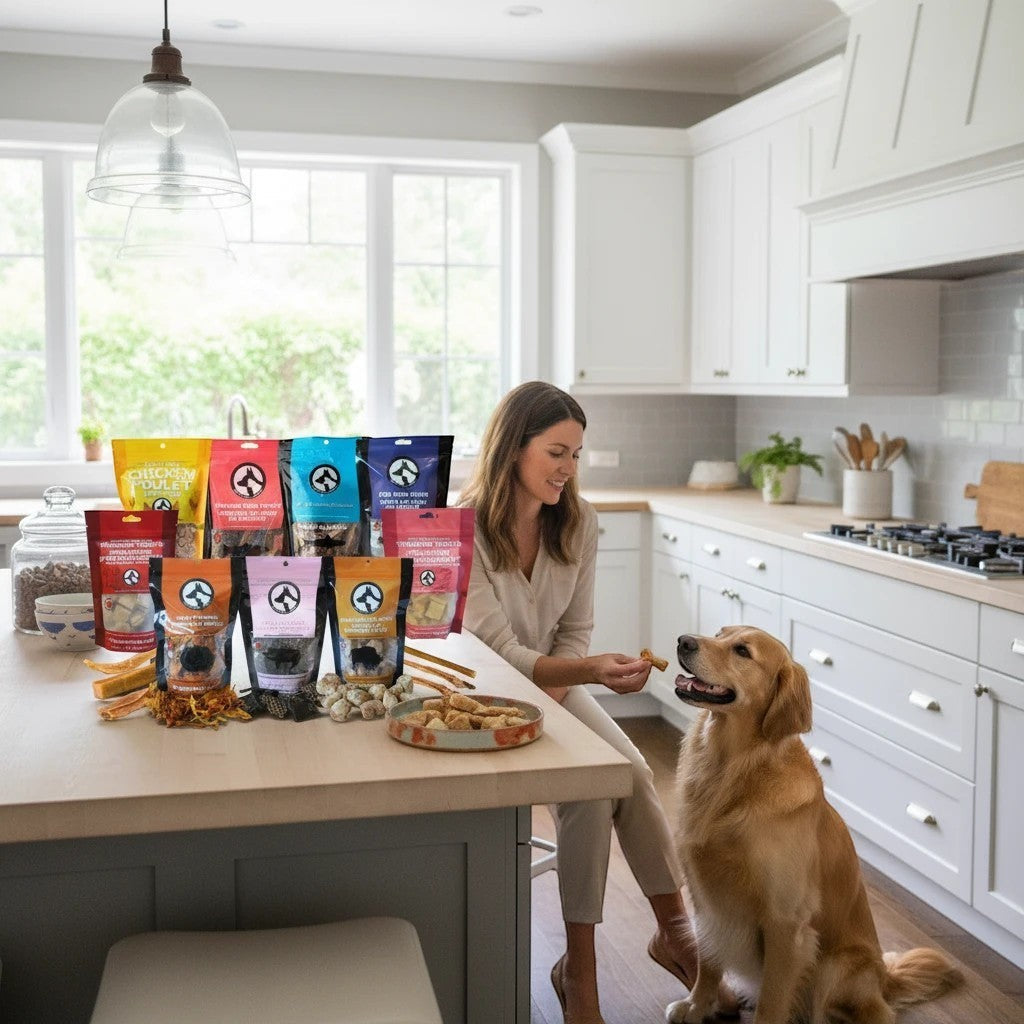 Oh Canada Gifts Mighty Big Box featuring a variety of Canadian pet treats and chews with a woman feeding her dog.