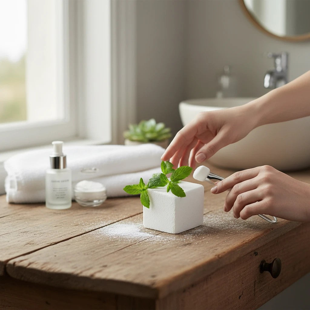 Oh Canada Gifts mint eucalyptus bath cube on a rustic wooden table with fresh mint leaves and a spa setting.