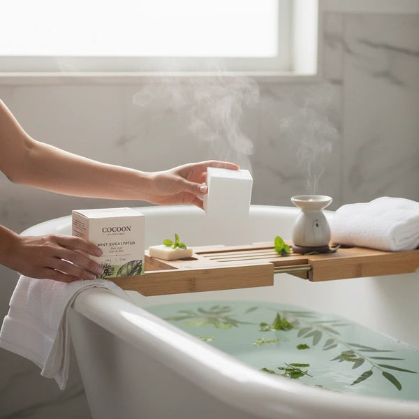Oh Canada Gifts Mint Eucalyptus bath cube held over a steaming bathtub with botanical accents on a wooden tray.