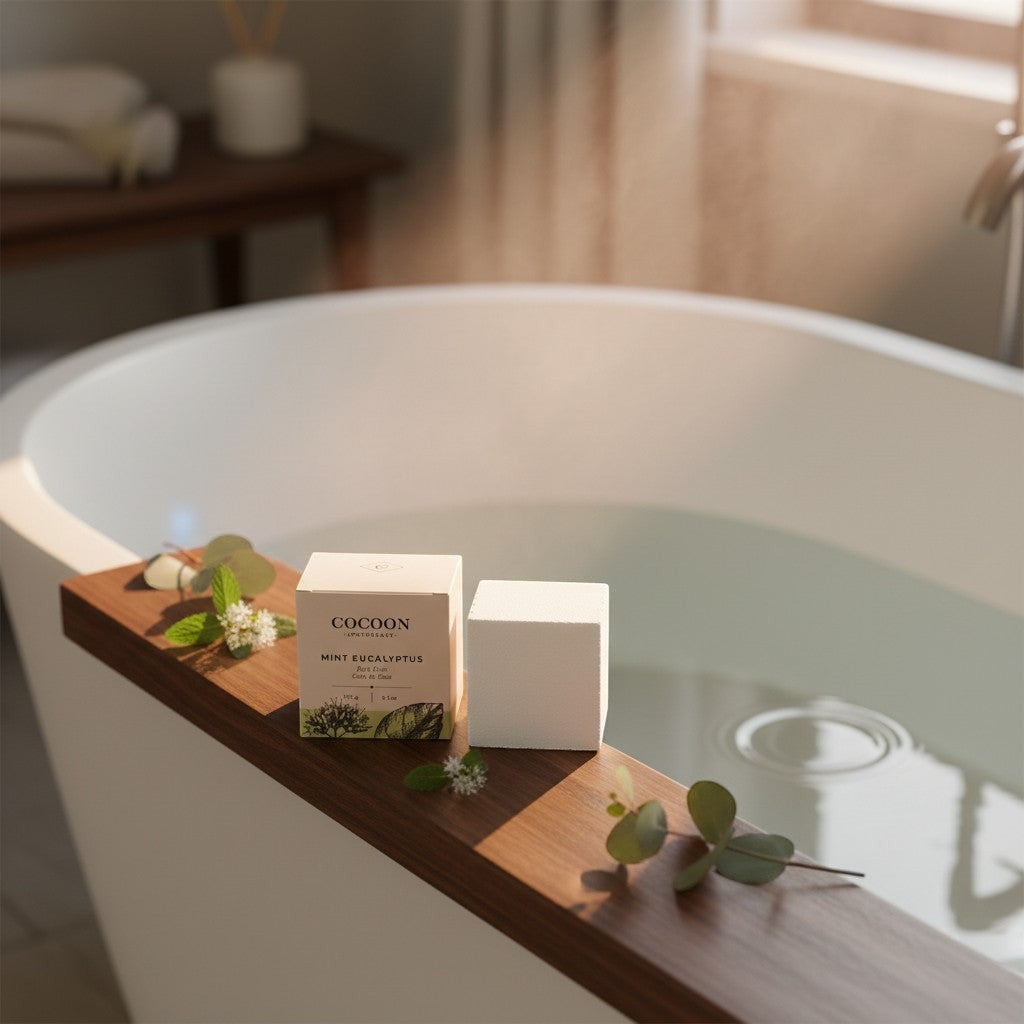Oh Canada Gifts Mint Eucalyptus bath cube on a wooden tub tray with fresh mint and eucalyptus sprigs by a bathtub.