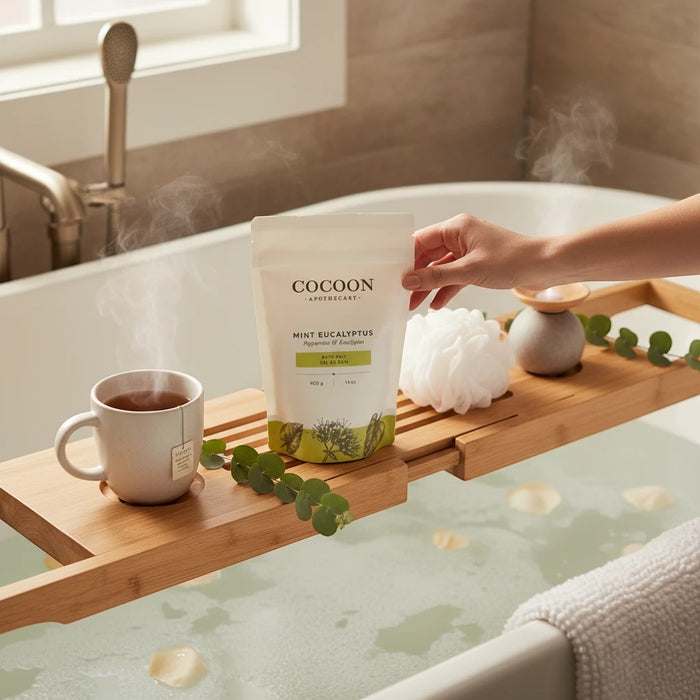 Oh Canada Gifts Mint Eucalyptus bath salts pouch on a wooden bathtub tray with a steaming mug and eucalyptus sprig