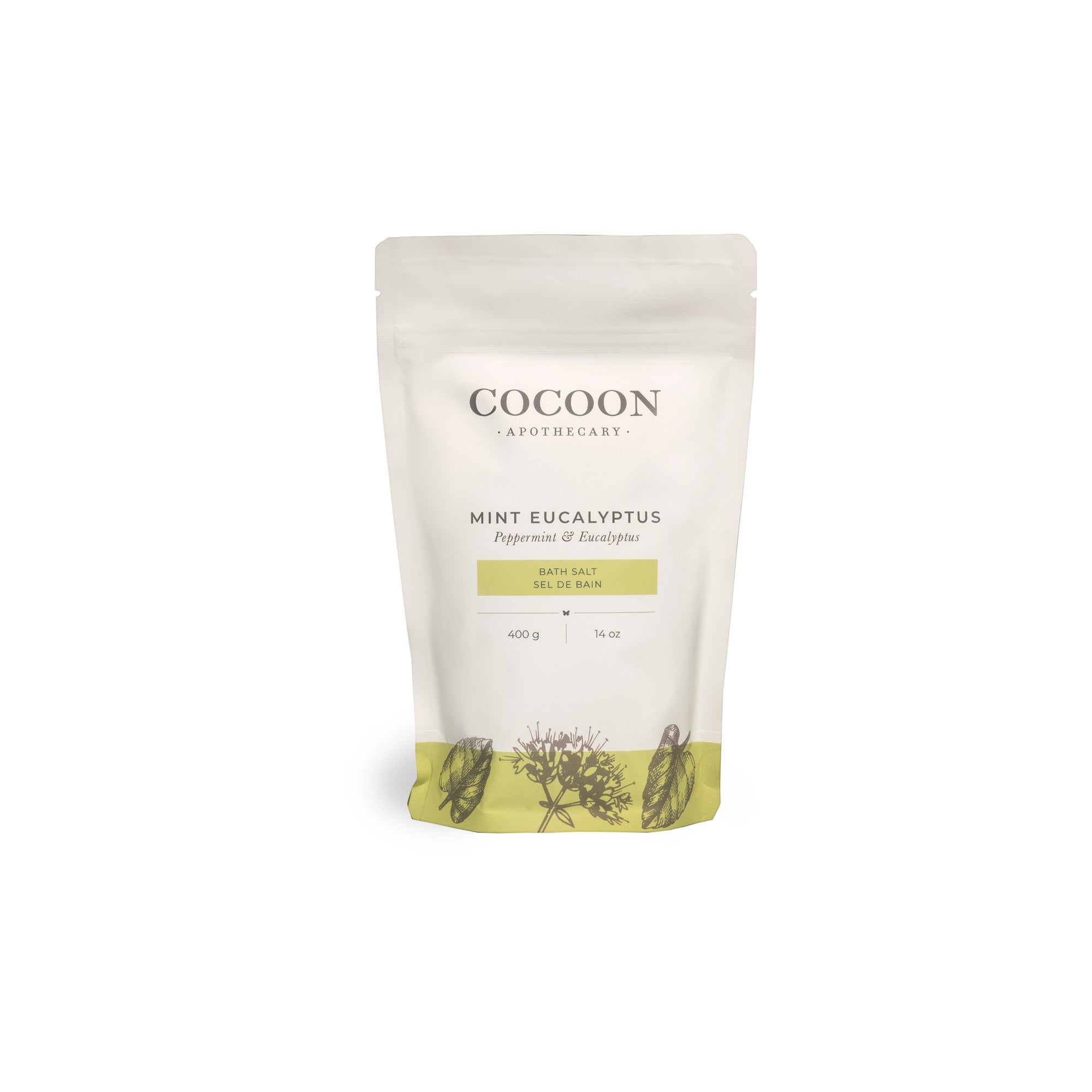 Oh Canada Gifts Cocoon Apothecary Mint Eucalyptus bath salts in a white 400g resealable pouch with botanical illustrations.
