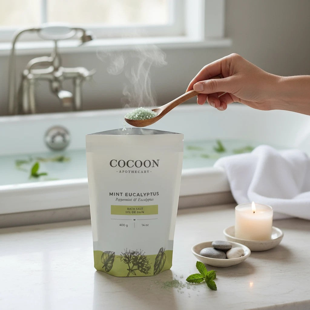 Oh Canada Gifts Mint Eucalyptus bath salts in a pouch with a wooden spoon, set in a relaxing spa-like bathroom.