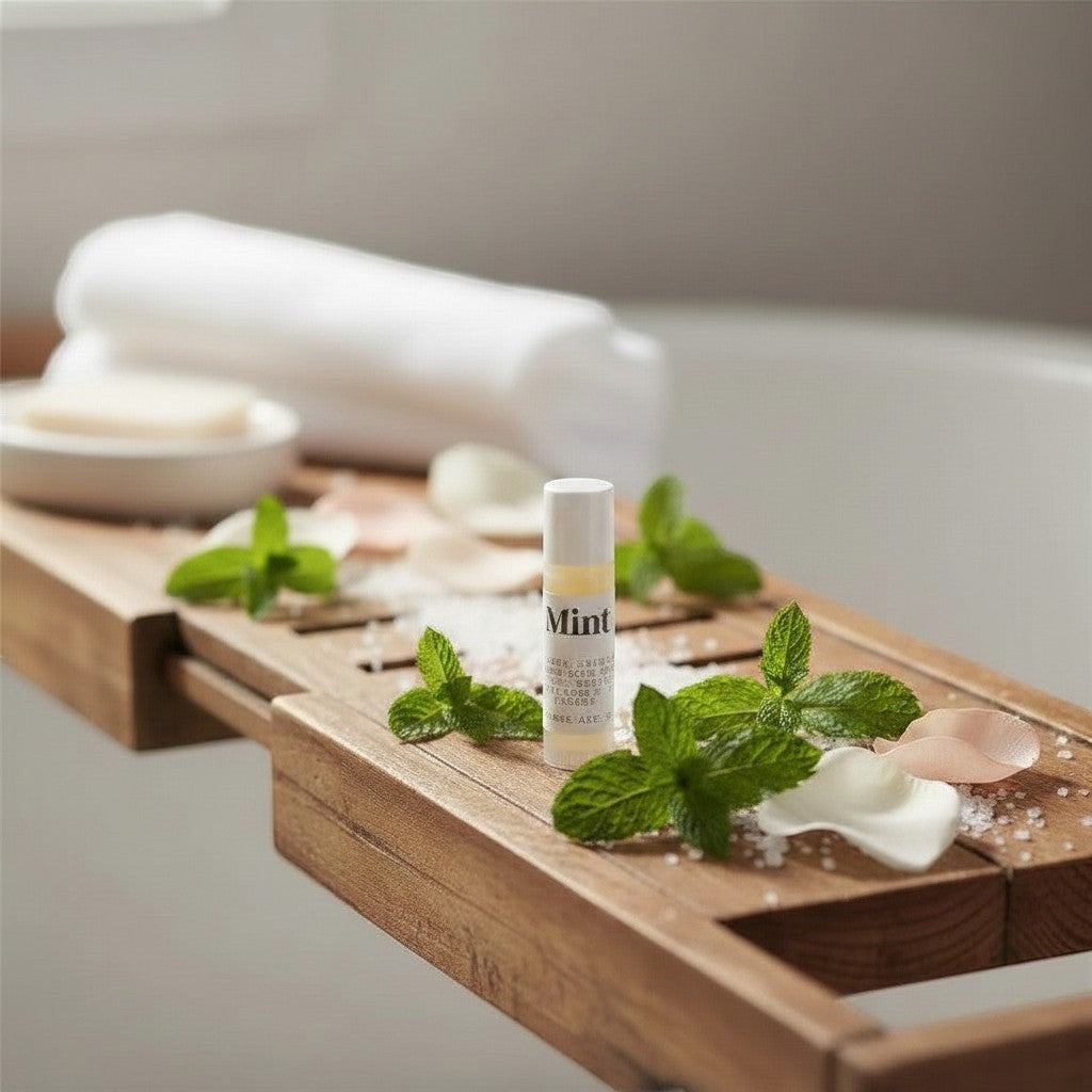 Oh Canada Gifts Mint nourishing lip balm on a wooden bath tray with fresh mint leaves and white flower petals