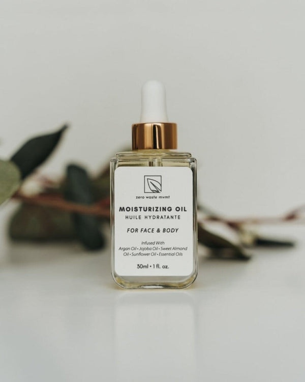 Oh Canada Gifts Zero Waste MVMT moisturizing oil in a glass dropper bottle for face and body skincare.