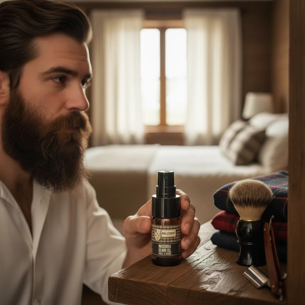 Oh Canada Gifts Muskoka Beard Oil held by a bearded man in a rustic bedroom setting with grooming tools.
