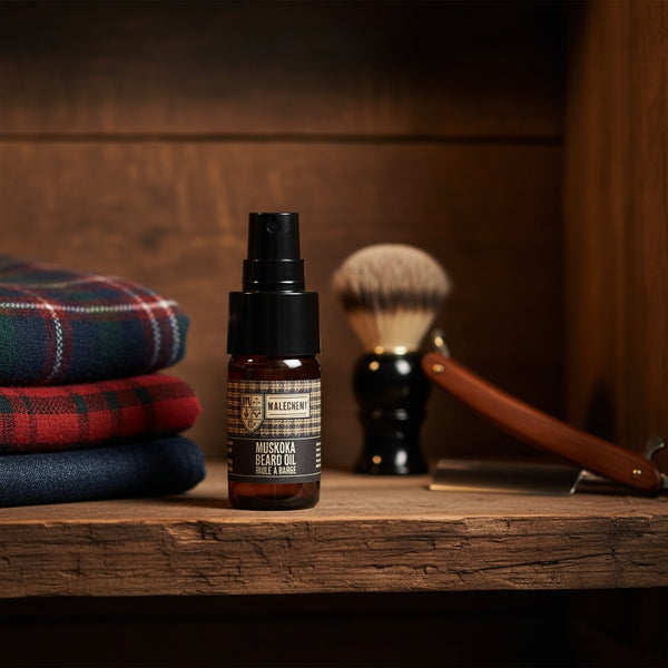 Oh Canada Gifts Muskoka beard oil bottle with shaving brush and straight razor on a rustic wooden shelf.