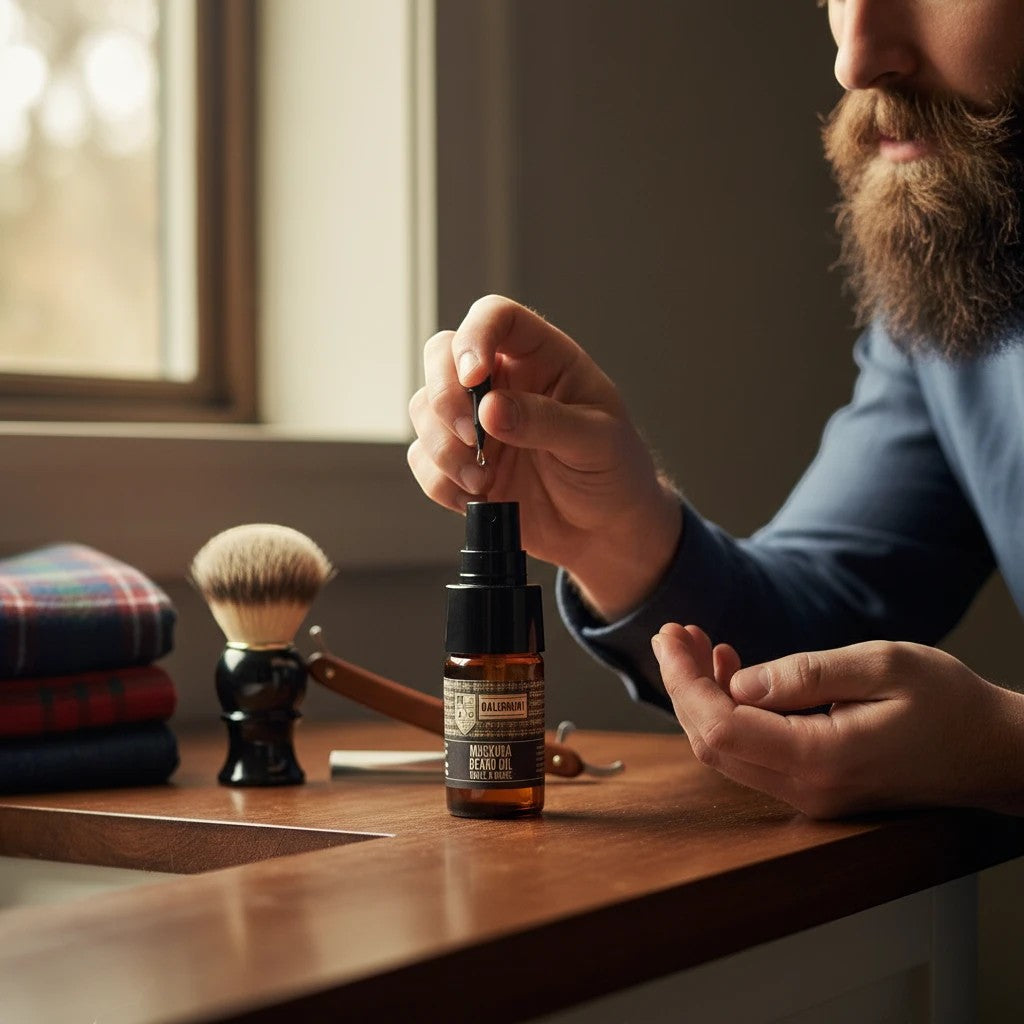 Oh Canada Gifts Muskoka Beard Oil in an amber glass bottle being applied by a man with a full beard near a window.