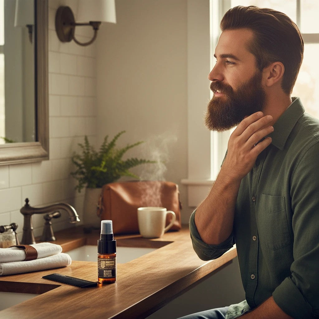 Man with a groomed beard applying Oh Canada Gifts Muskoka Beard Oil in a bright, modern bathroom setting.