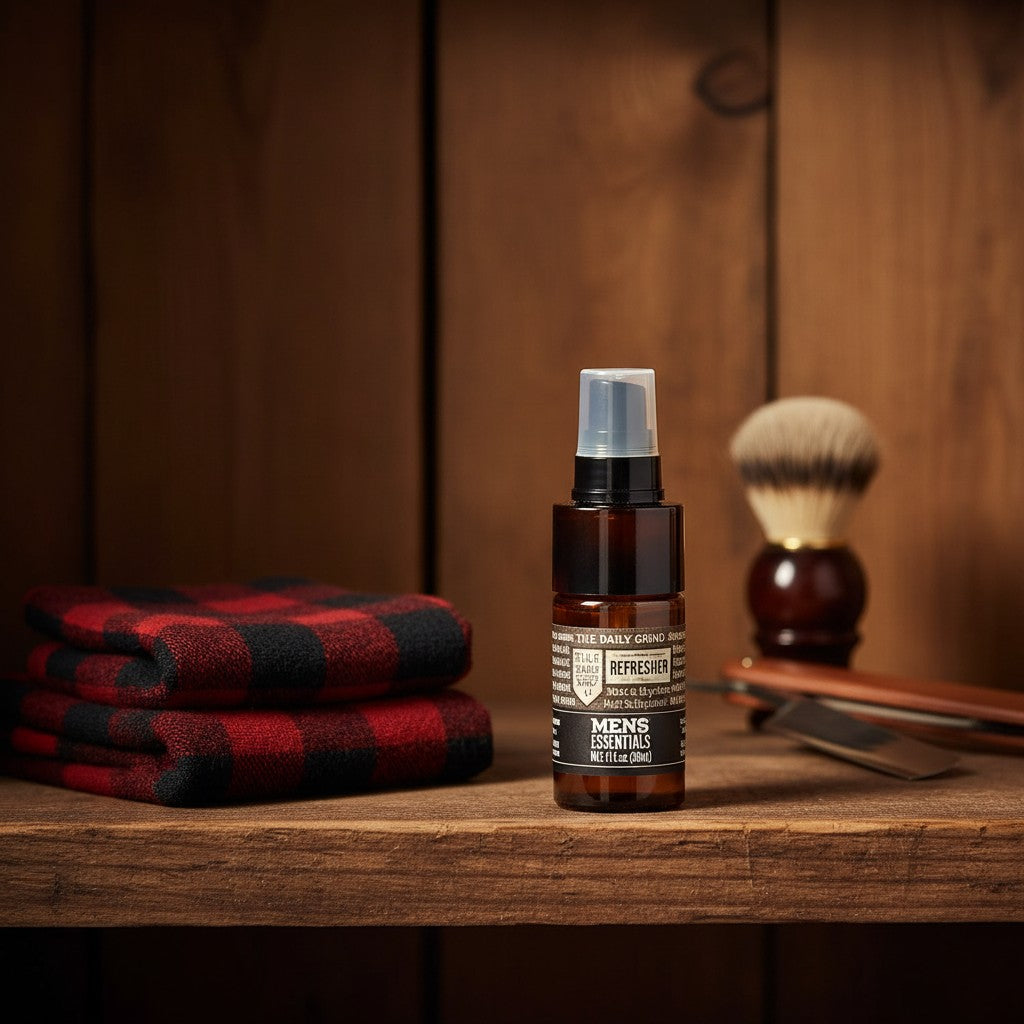 Oh Canada Gifts Muskoka beard oil bottle on a wooden shelf with a red plaid towel and shaving brush