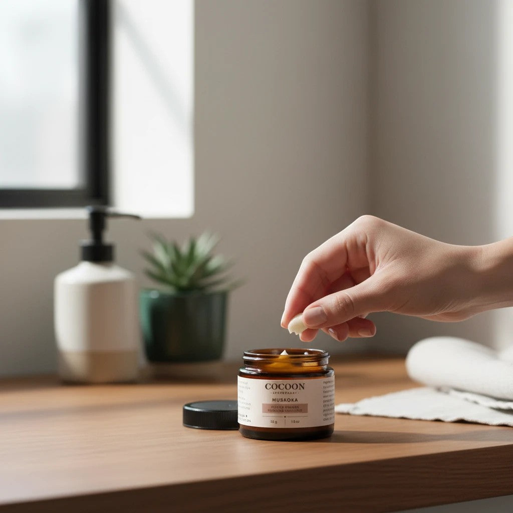 Oh Canada Gifts Muskoka Styling Pomade in an amber glass jar with a hand scooping a small amount of product