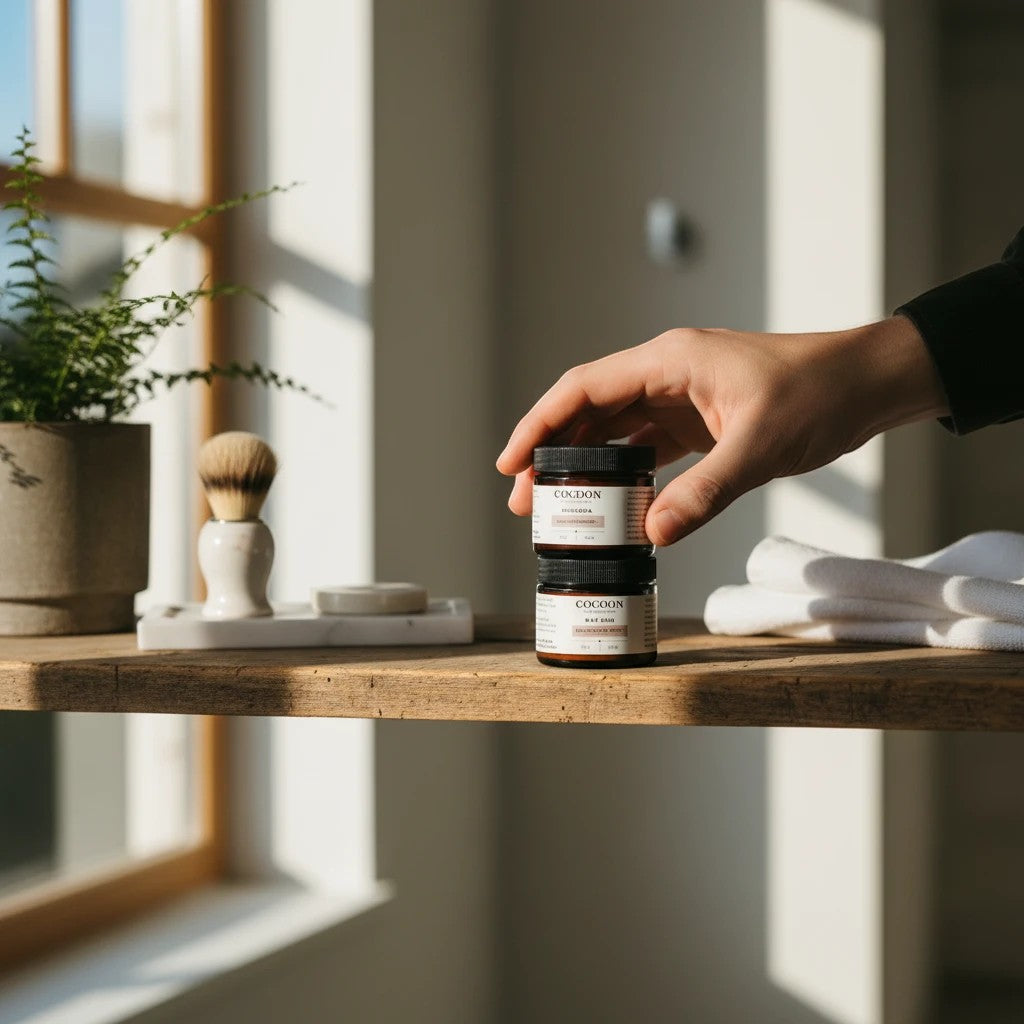 Oh Canada Gifts Muskoka Styling Pomade jars held by a hand on a wooden shelf with a shaving brush and plant.