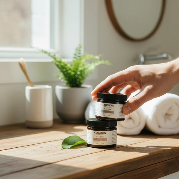 Oh Canada Gifts Muskoka Styling Pomade jars on a wooden bathroom counter with a hand holding one jar.