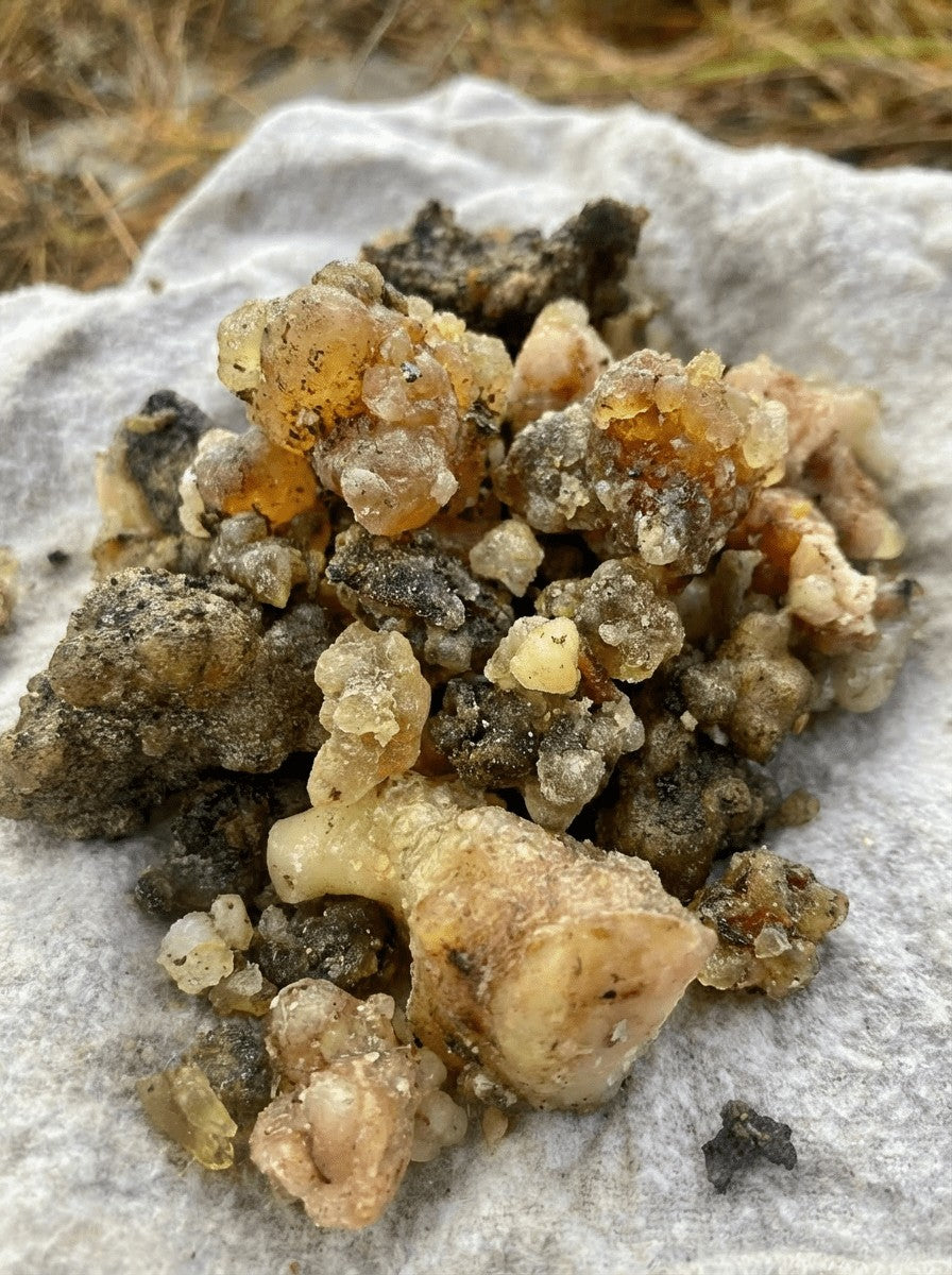 Oh Canada Gifts raw natural balsam resin chunks used in handcrafted warming and cooling balms for muscle relief.