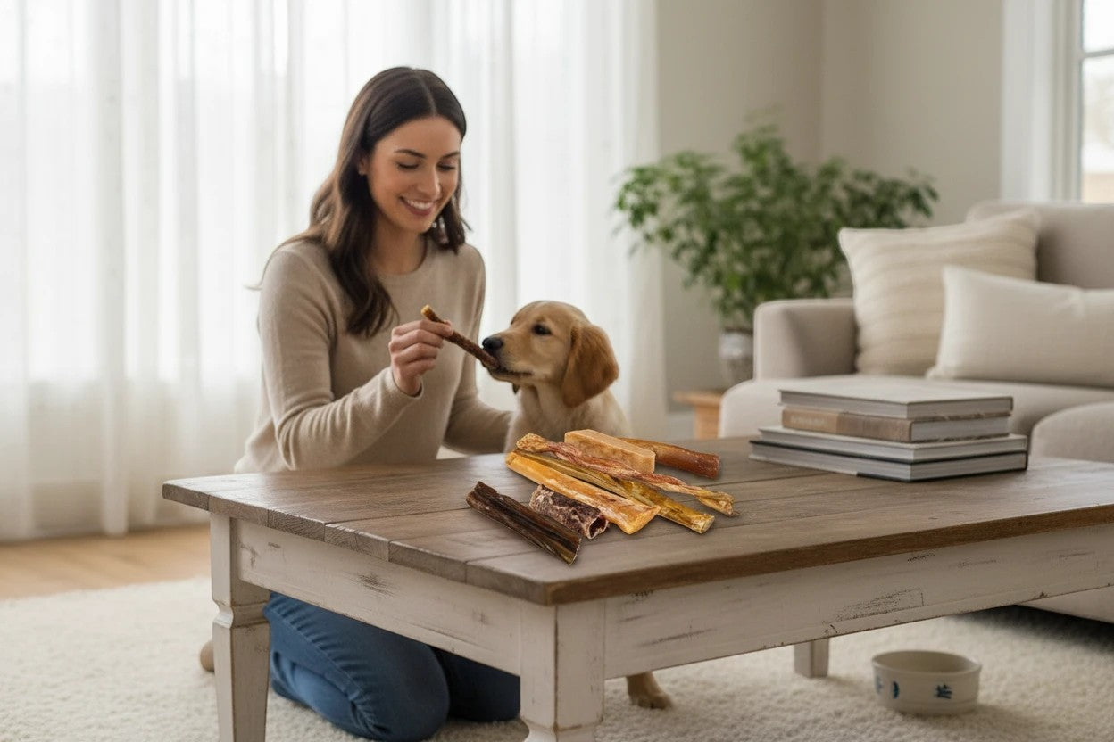 Oh Canada Gifts Ultimate Chew Box featuring a variety of natural Canadian dog chews on a wooden table with a golden retriever
