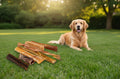 Oh Canada Gifts Ultimate Chew Box featuring a variety of natural Canadian-made dog chews on a grassy lawn with a dog.