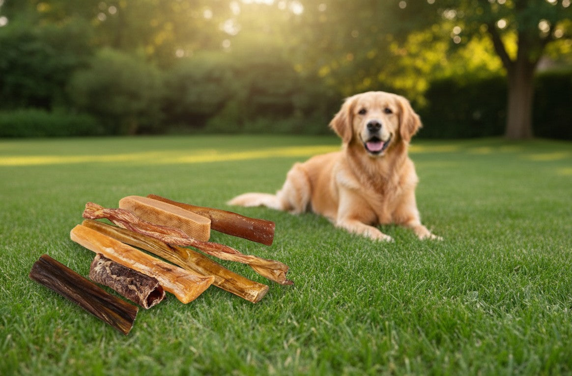 Oh Canada Gifts Ultimate Chew Box featuring a variety of natural Canadian-made dog chews on a grassy lawn with a dog.