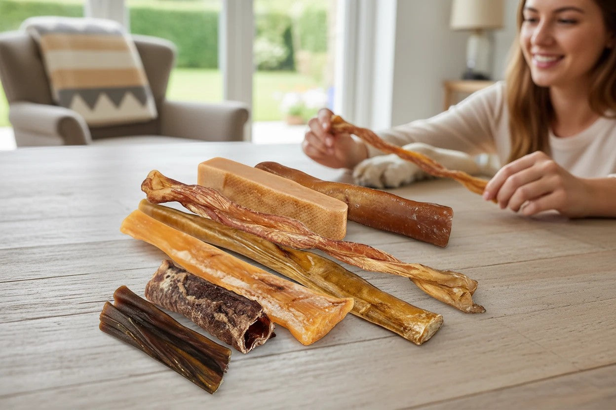 Oh Canada Gifts Ultimate Chew Box featuring a variety of natural Canadian-made dog chews on a wooden table.