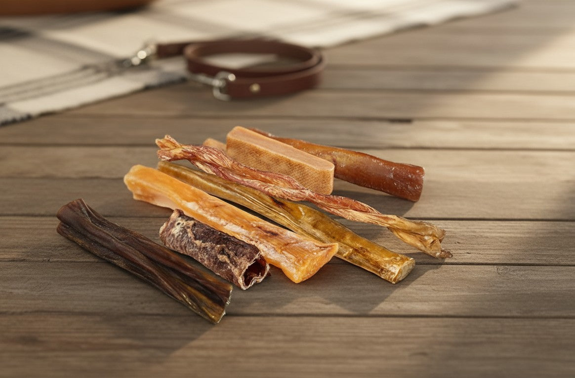 Oh Canada Gifts Ultimate Chew Box featuring a variety of natural Canadian-made dog chews on a wooden surface.