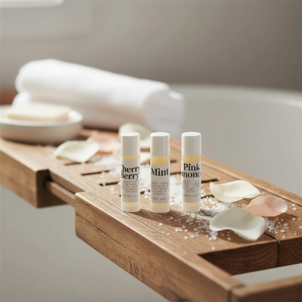 Oh Canada Gifts nourishing lip balm trio in Cherry Berry, Mint, and Pink Lemonade on a wooden bath tray with petals.