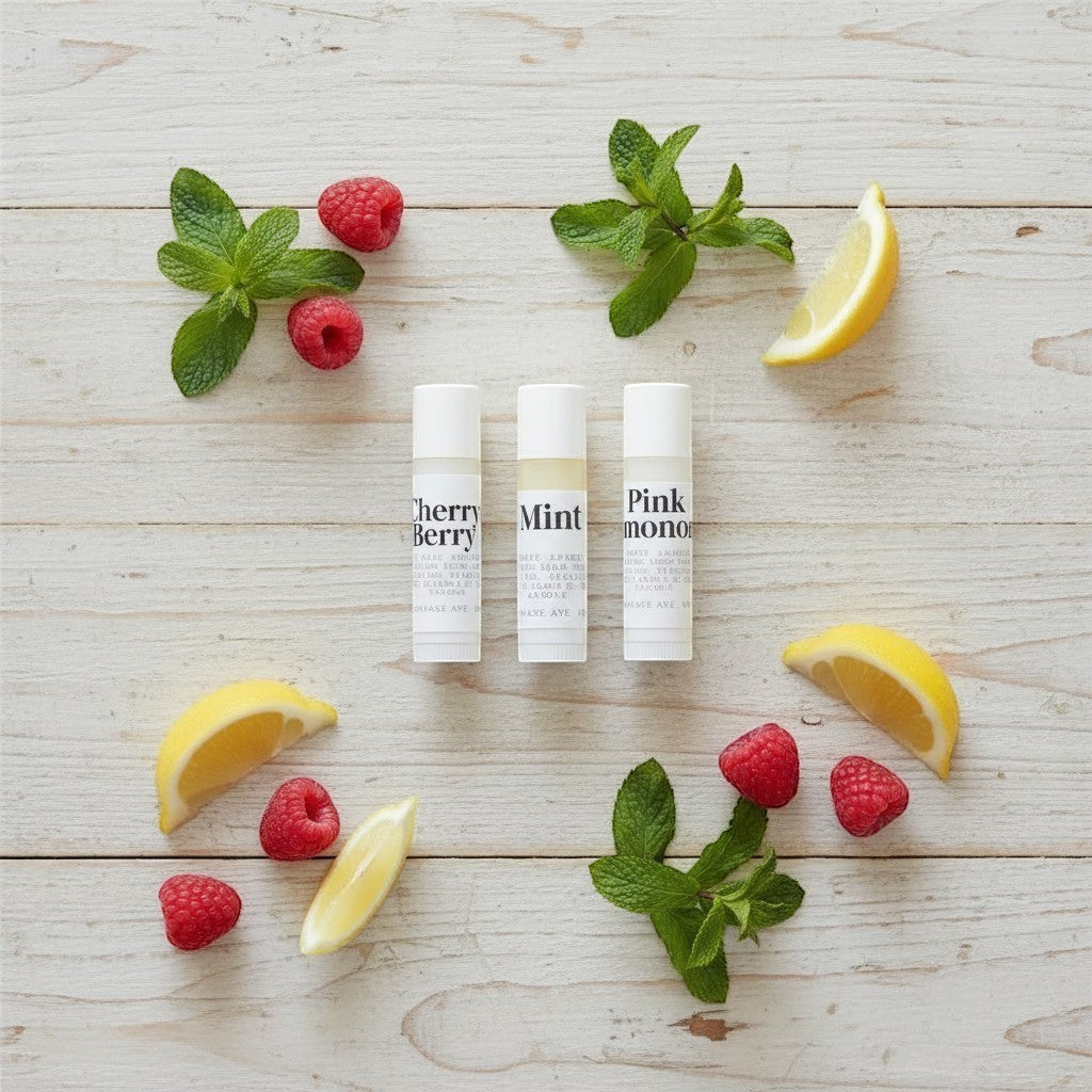 Oh Canada Gifts nourishing lip balm trio in Mint, Cherry Berry, and Pink Lemonade with fresh fruit and herb garnish.