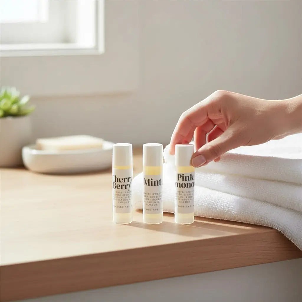 Oh Canada Gifts nourishing lip balm trio in Cherry Berry, Mint, and Pink Lemonade on a wooden bathroom counter.