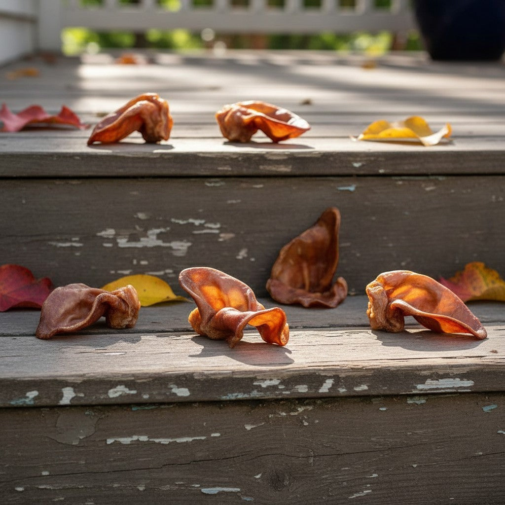 Oh Canada Gifts natural dried pork ear dog chews scattered on wooden steps with autumn leaves