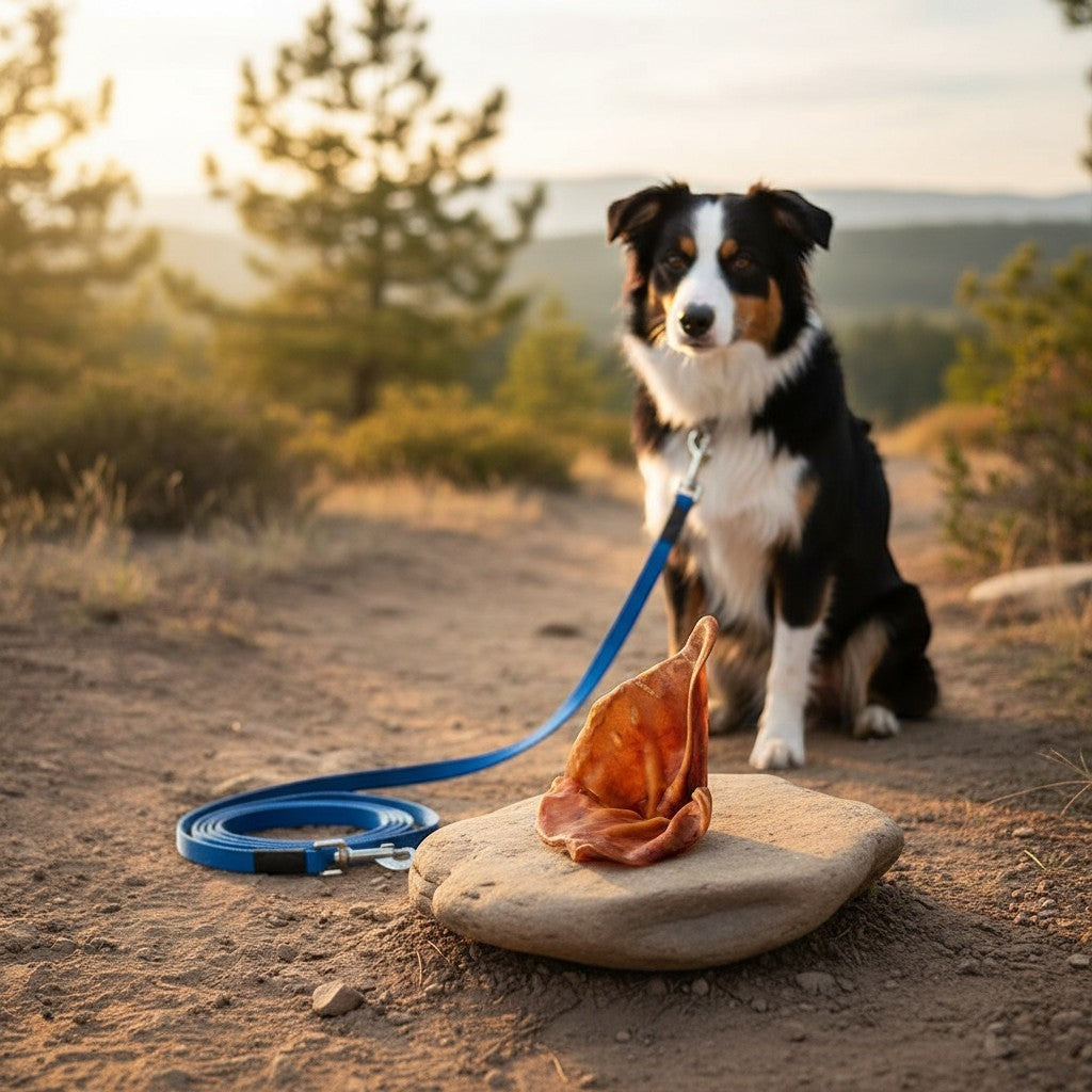 Oh Canada Gifts natural dried pork ear dog chew resting on a stone with an Australian Shepherd in the background