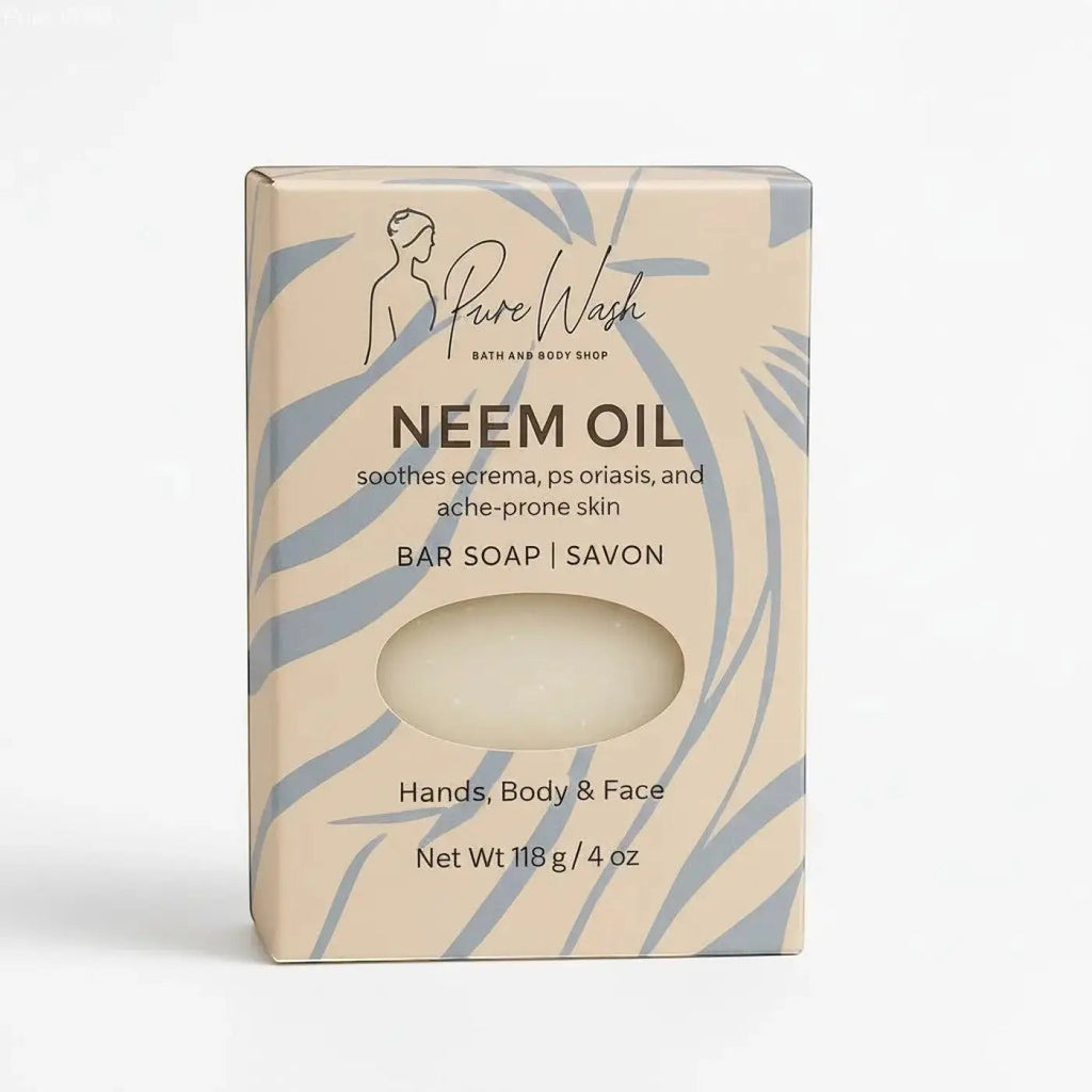 Oh Canada Gifts Neem Oil soap bar in beige packaging for sensitive skin, eczema, and acne relief.