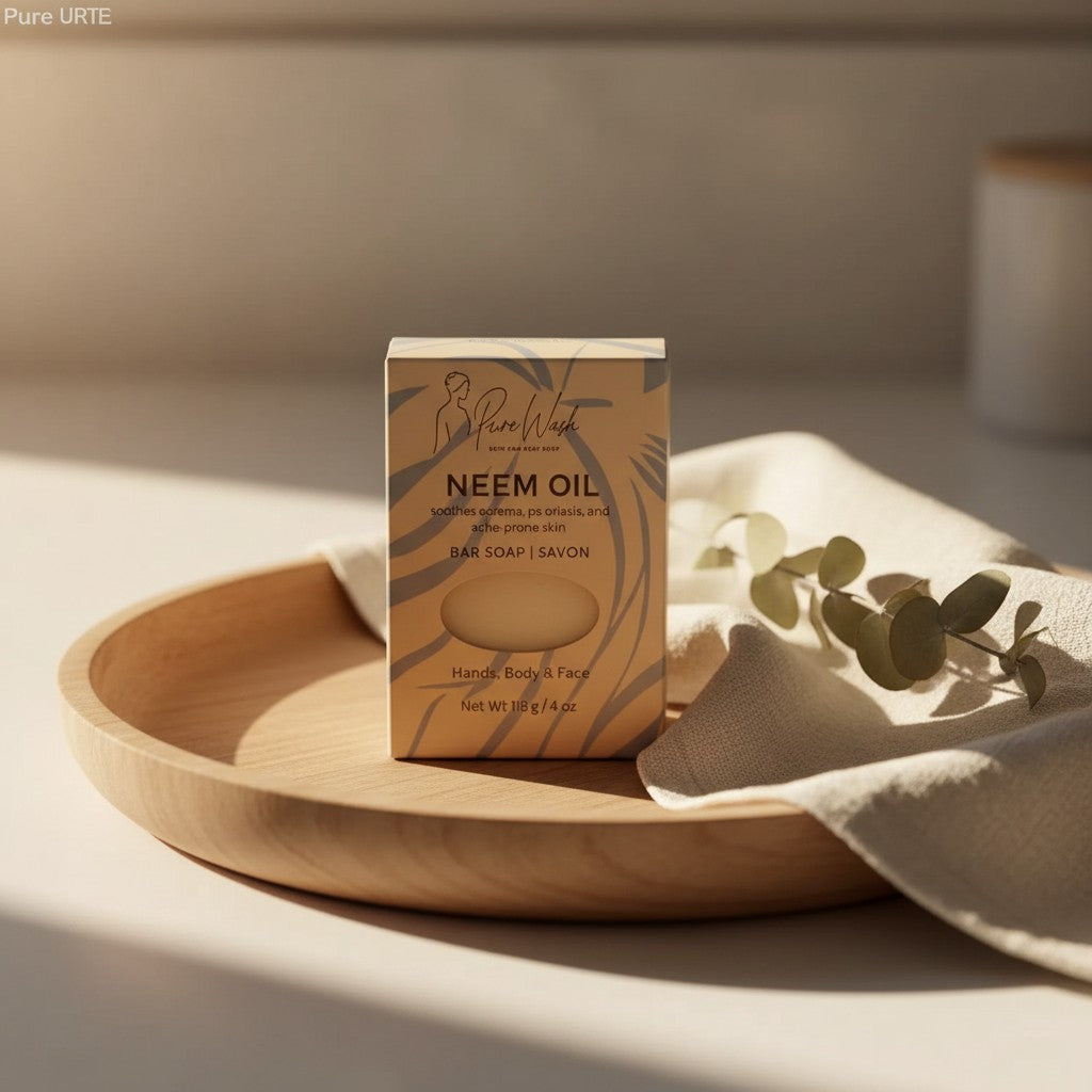 Oh Canada Gifts neem oil soap bar in beige packaging on a wooden tray with a linen cloth and eucalyptus sprig.