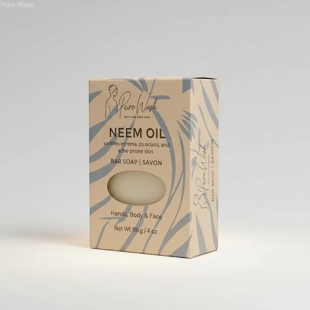 Oh Canada Gifts Neem Oil soap bar in beige packaging with blue leaf patterns for sensitive skin relief