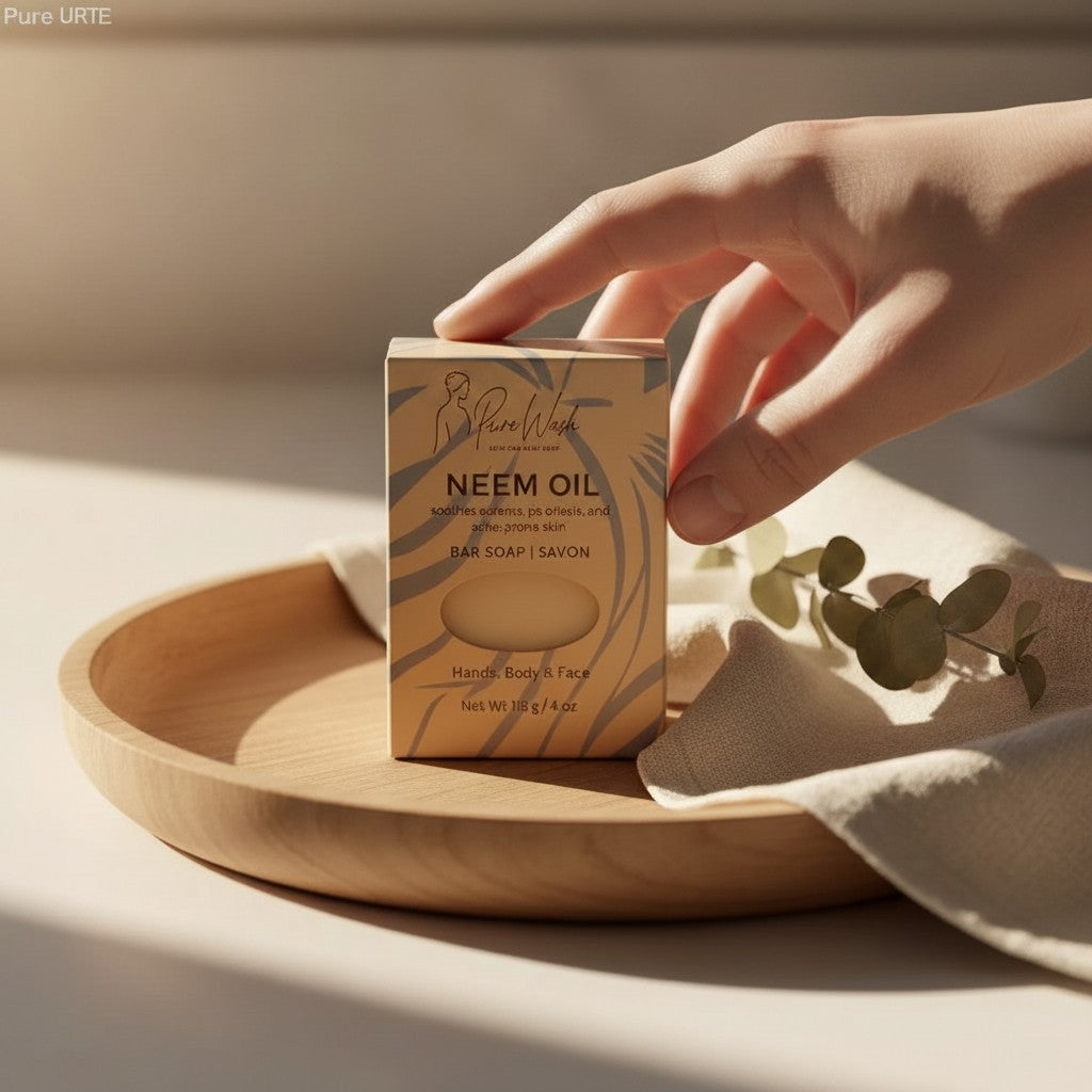 Oh Canada Gifts neem oil soap bar in beige packaging on a wooden tray with a hand reaching for it.