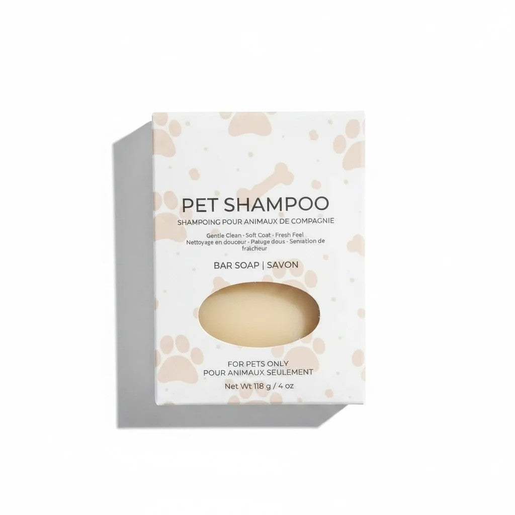 Oh Canada Gifts neem oil pet shampoo bar in a white box with paw print patterns, handmade in Canada.