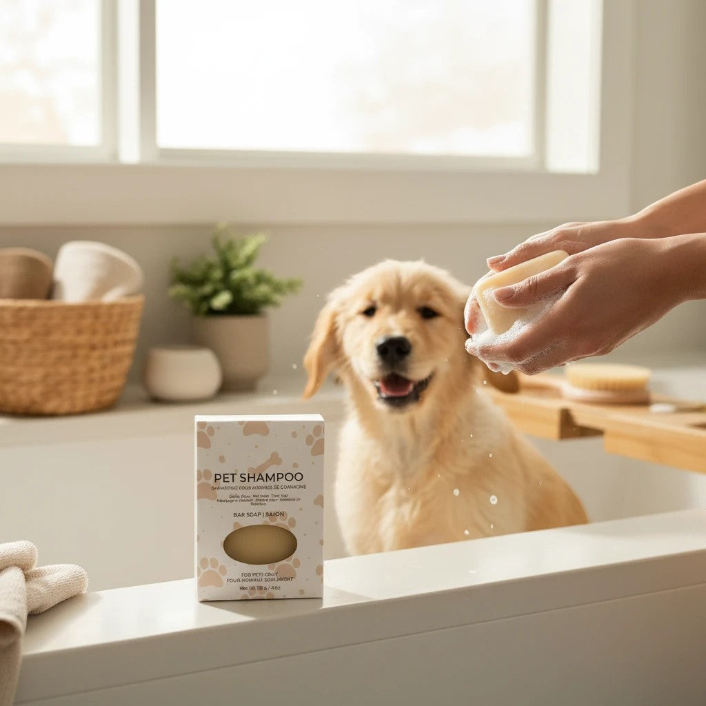 Oh Canada Gifts neem oil pet shampoo bar with packaging next to a golden retriever in a bright bathroom