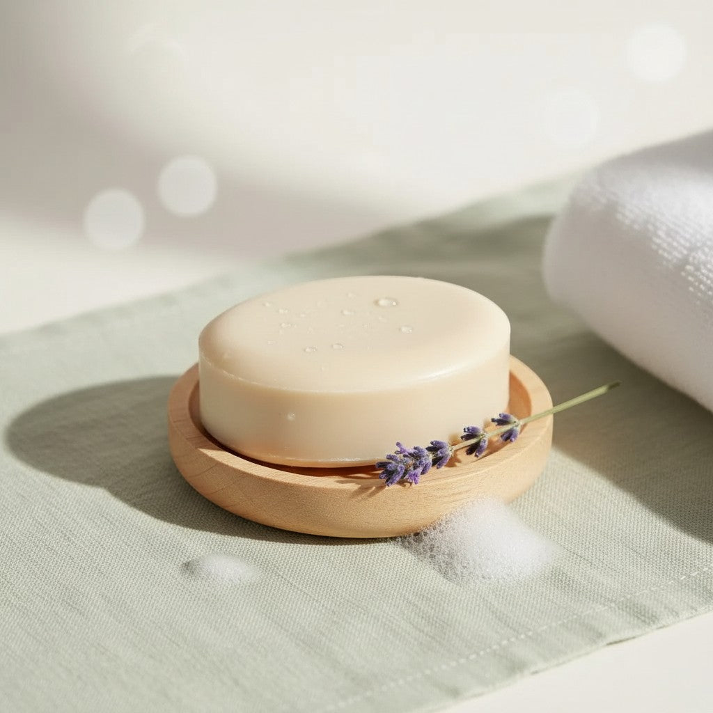Oh Canada Gifts neem oil pet shampoo bar on a wooden dish with a sprig of lavender on a light green cloth.