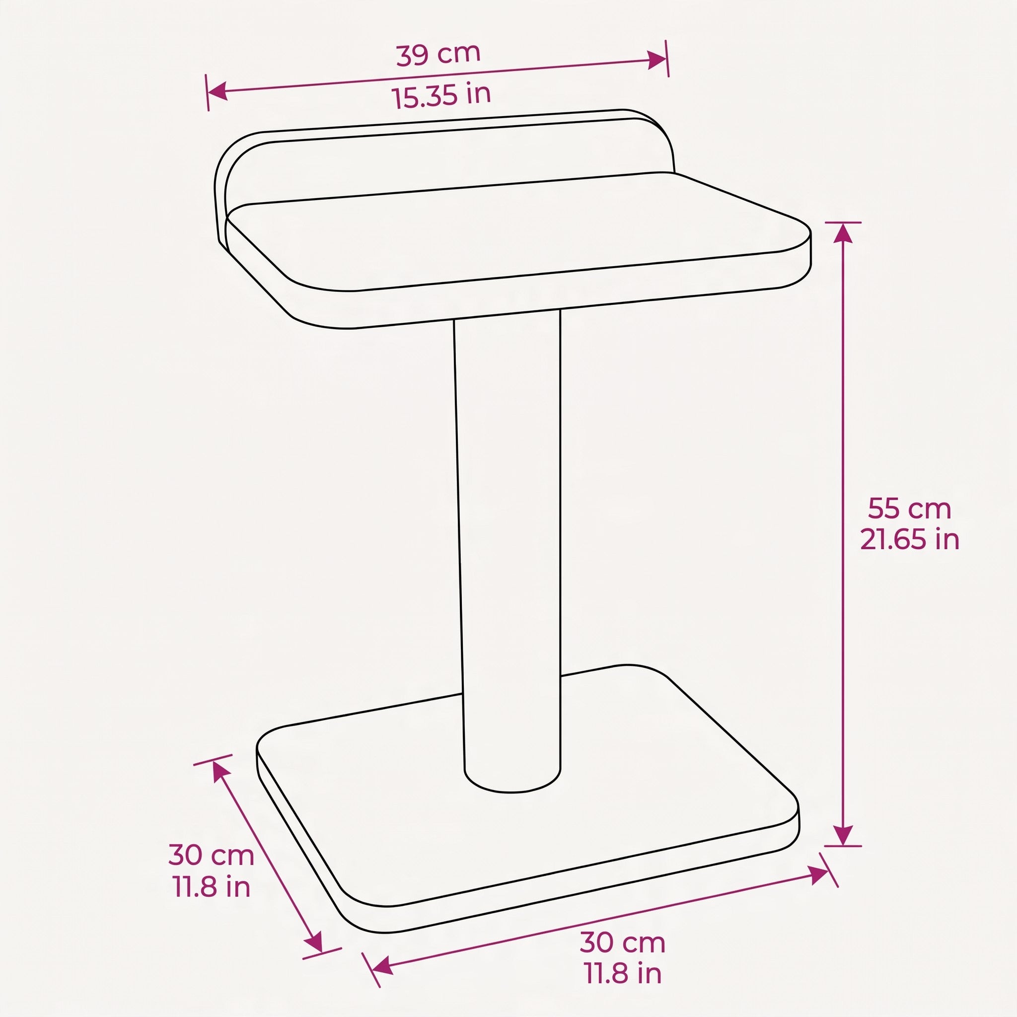 Oh Canada Gifts Noba modern plywood 1-level cat tree technical diagram with dimensions in centimeters and inches.