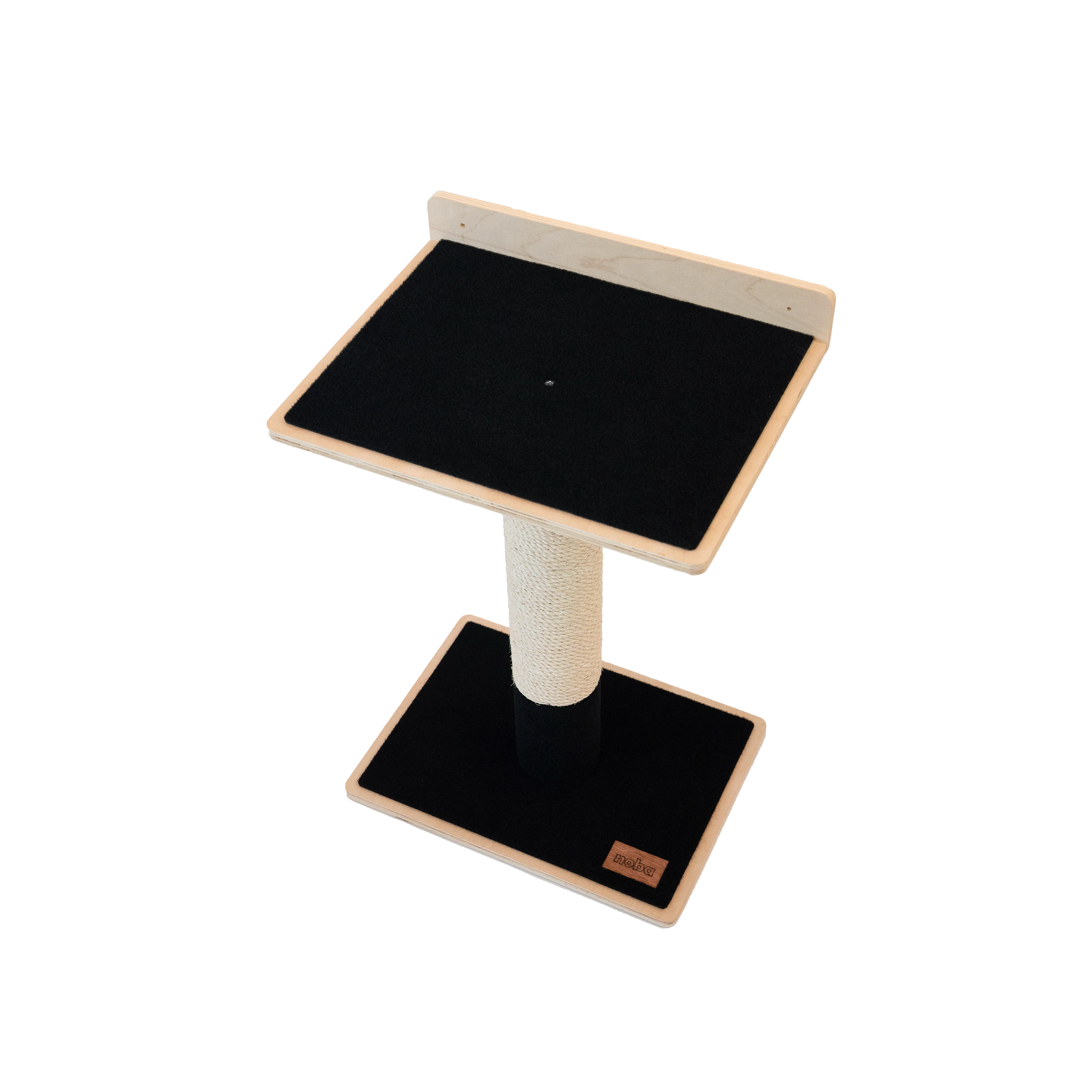 Oh Canada Gifts Noba modern plywood 1-level cat tree with a black carpeted perch and sisal scratching post.