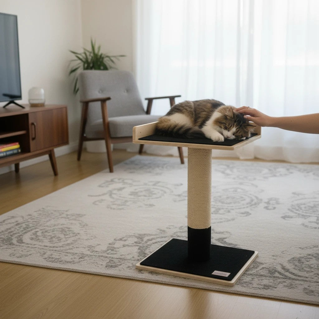 Oh Canada Gifts Noba modern plywood 1-level cat tree with a scratching post and black carpeted perch in a living room.