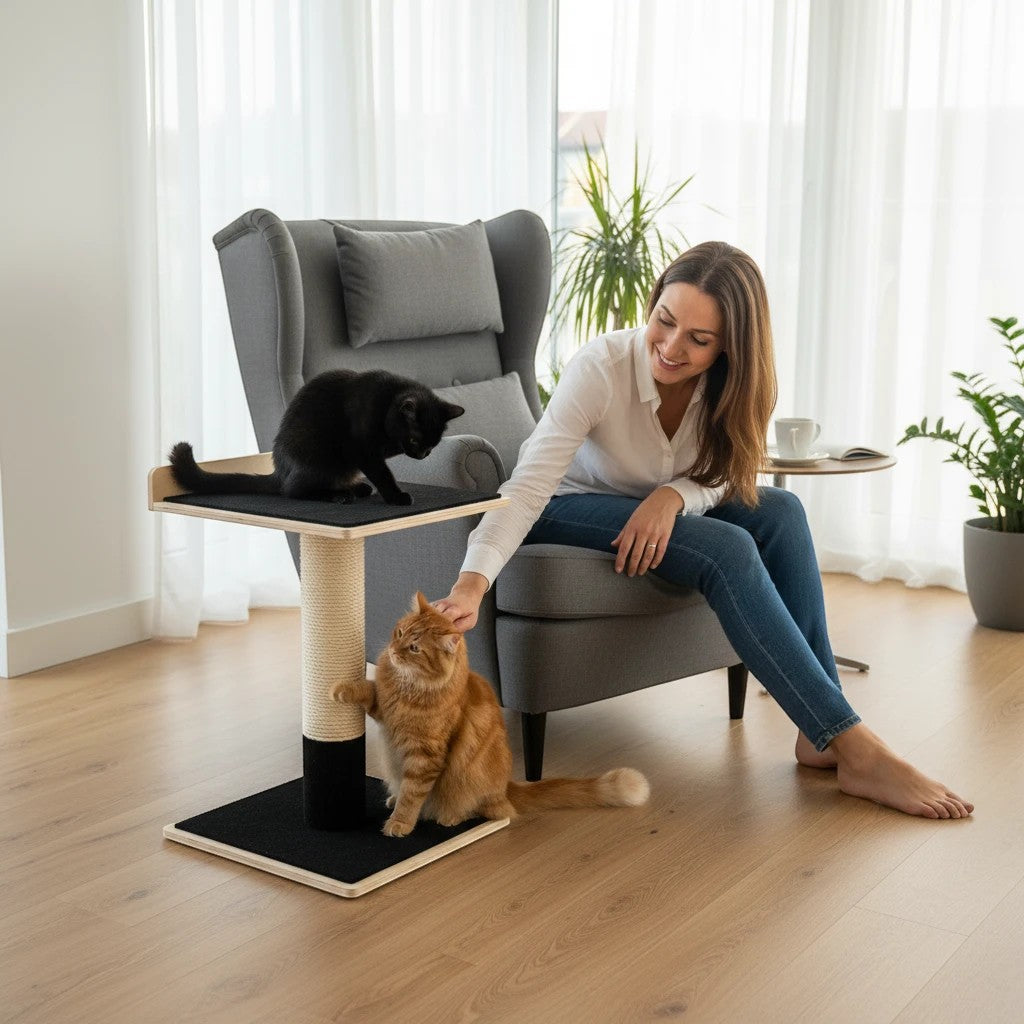 Oh Canada Gifts Noba modern plywood 1-level cat tree with sisal scratching post and black carpet in a bright living room
