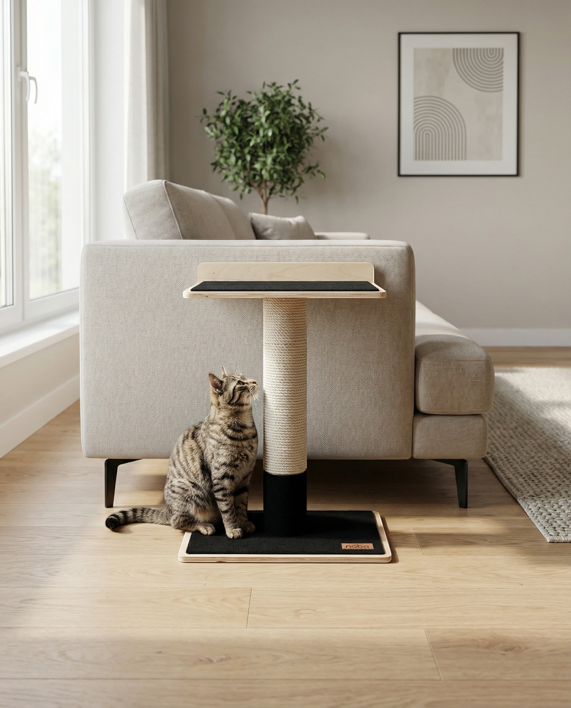 Oh Canada Gifts Noba modern plywood 1-level cat tree with a sisal scratching post and black carpeted base in a living room