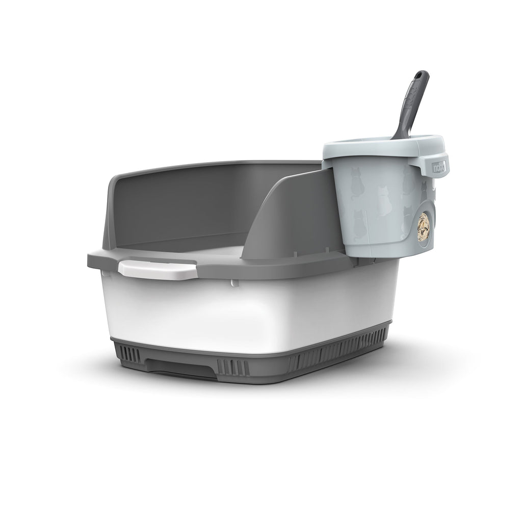 Oh Canada Gifts Noba Zero cat litter management system with grey and white box, scoop, and waste container.