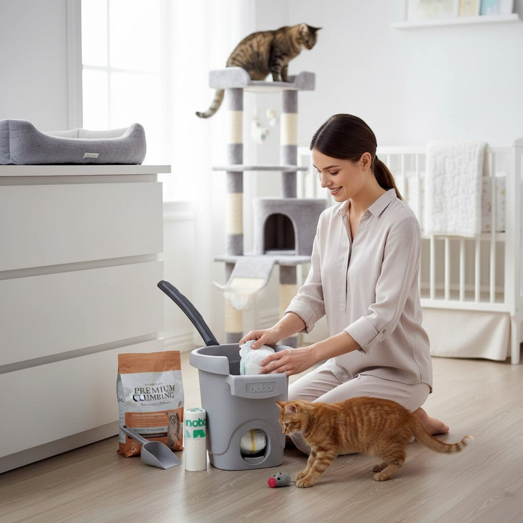 Oh Canada Gifts Noba Zero cat litter management system in a bright room with a woman and two cats
