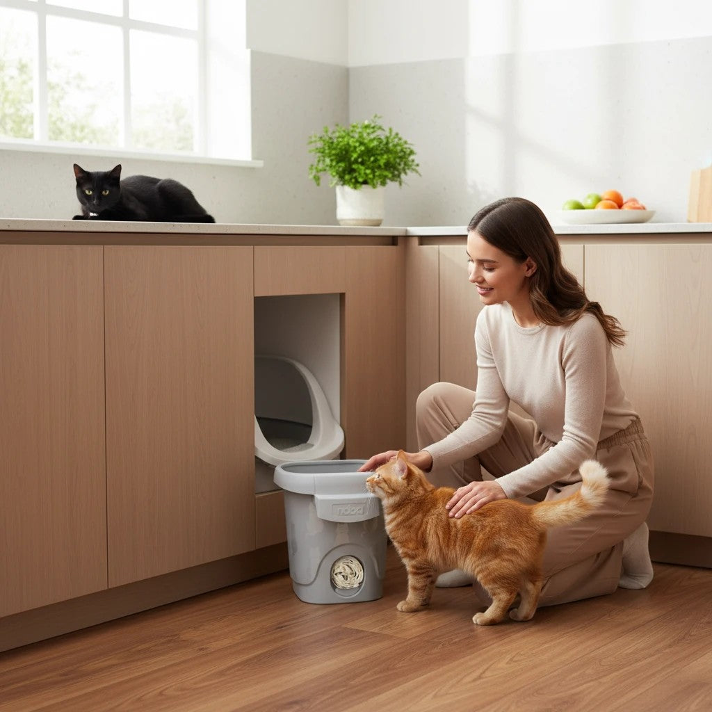 Oh Canada Gifts Noba Zero cat litter management system in a modern kitchen with a woman petting an orange cat