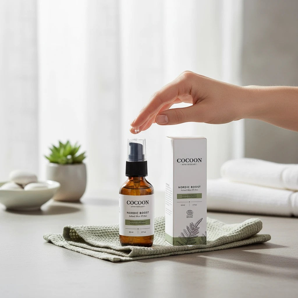 Oh Canada Gifts Nordic Boost Hydrating Serum in amber glass bottle with pump, next to packaging on a green cloth.