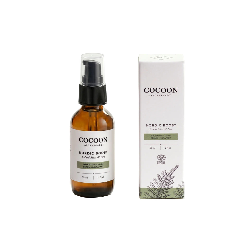 Oh Canada Gifts Cocoon Apothecary Nordic Boost hydrating serum bottle and box with botanical fern illustration