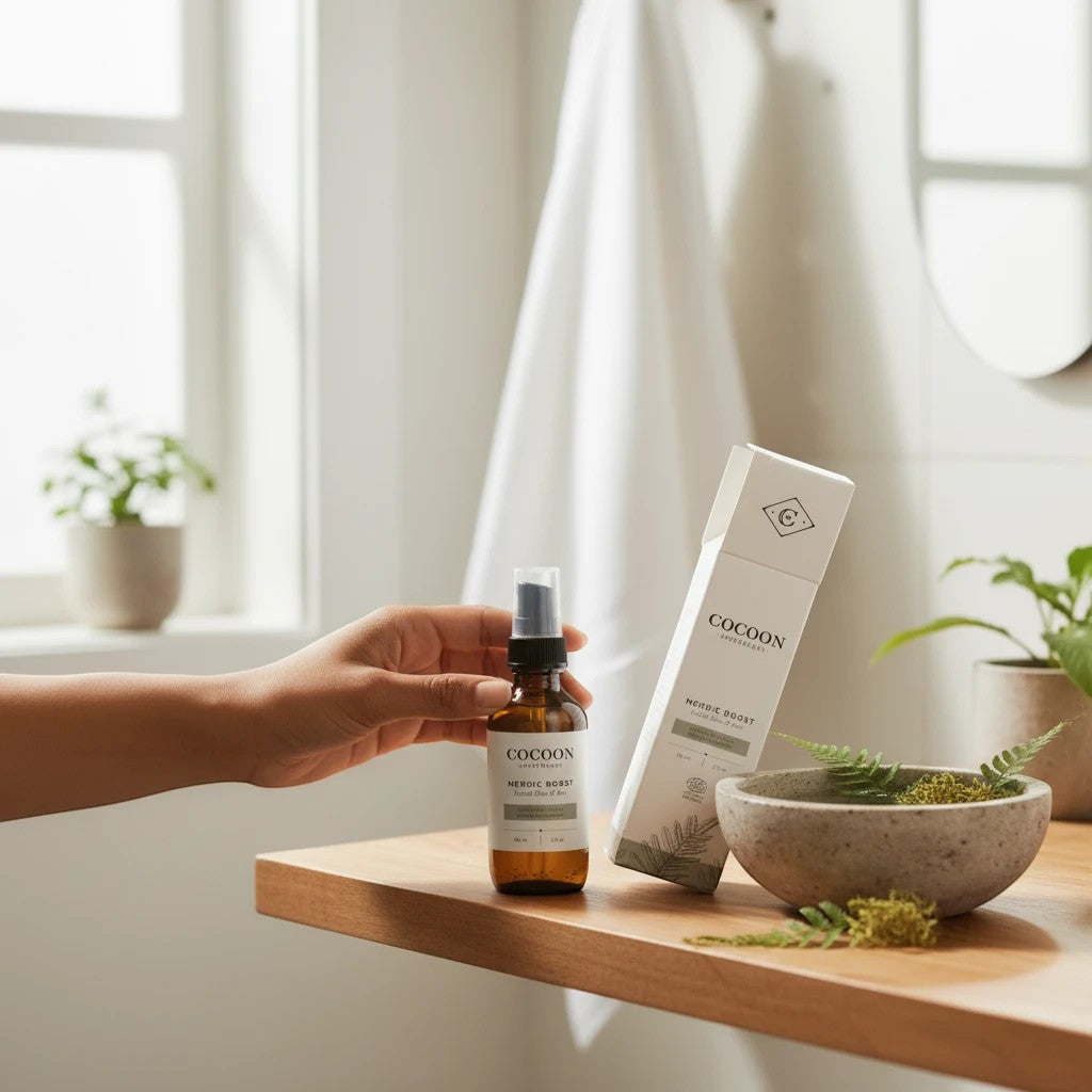 Oh Canada Gifts Nordic Boost hydrating serum bottle and box on a wooden counter with a stone bowl and fern leaves.