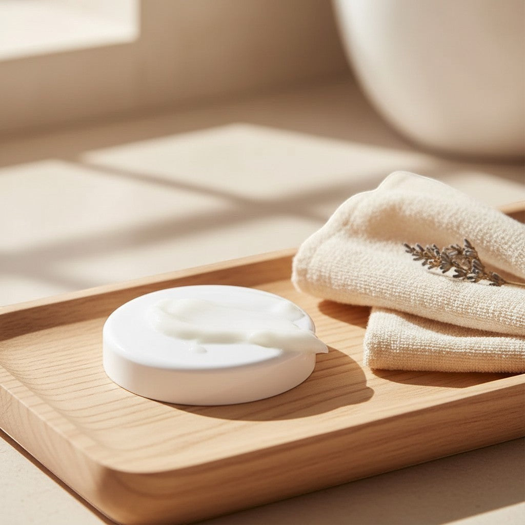 Oh Canada Gifts Cream It nourishing moisturizer with a whipped texture on a wooden tray with a soft cloth.