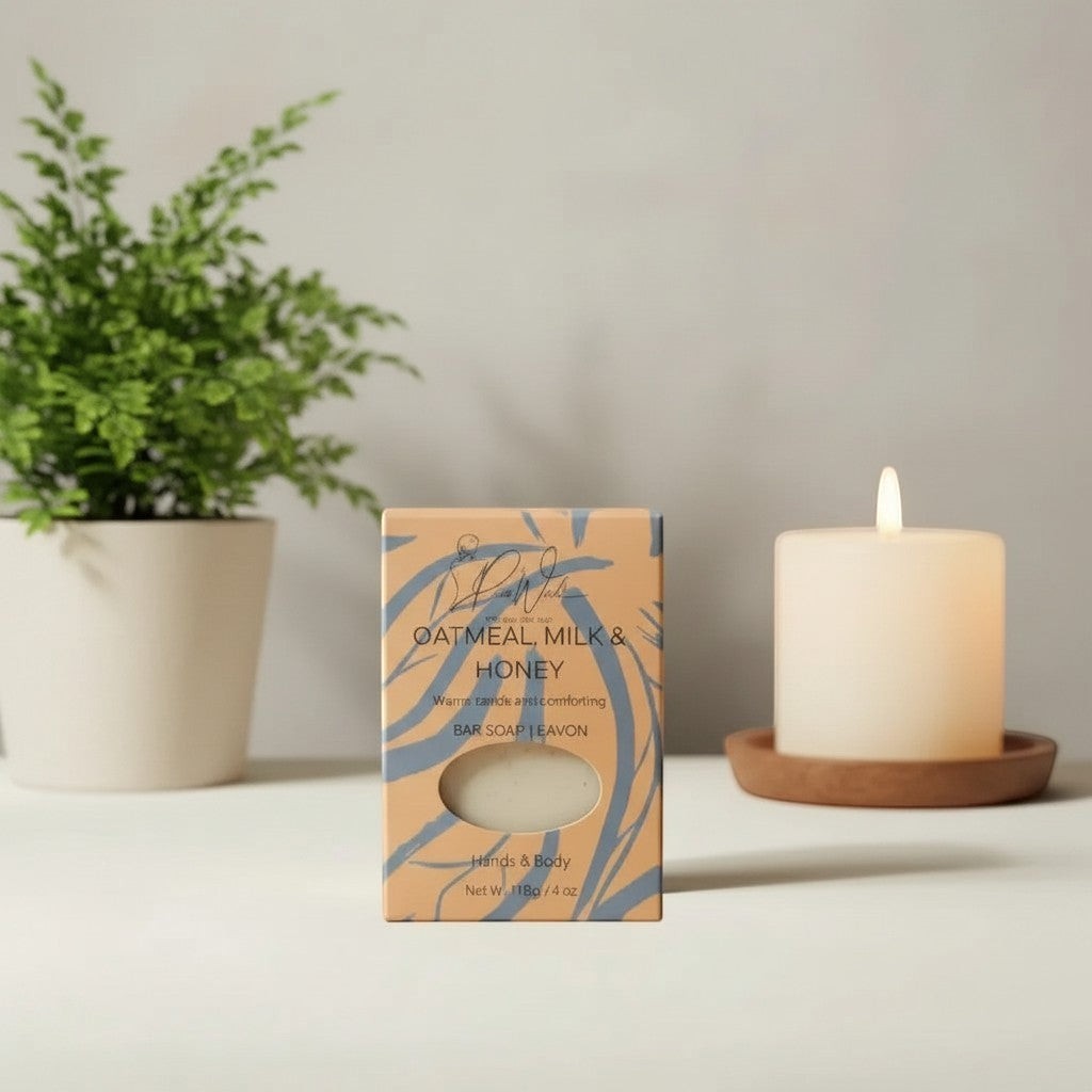Oh Canada Gifts oatmeal milk and honey soap bar in patterned packaging next to a potted plant and a lit candle.