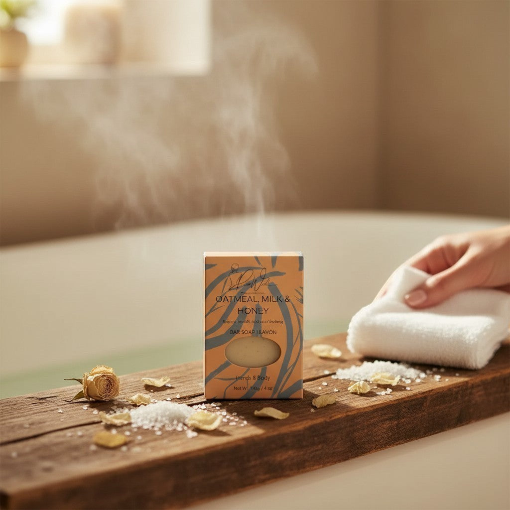 Oh Canada Gifts oatmeal milk and honey soap bar in packaging on a wooden tray with steam in a relaxing bathroom setting.